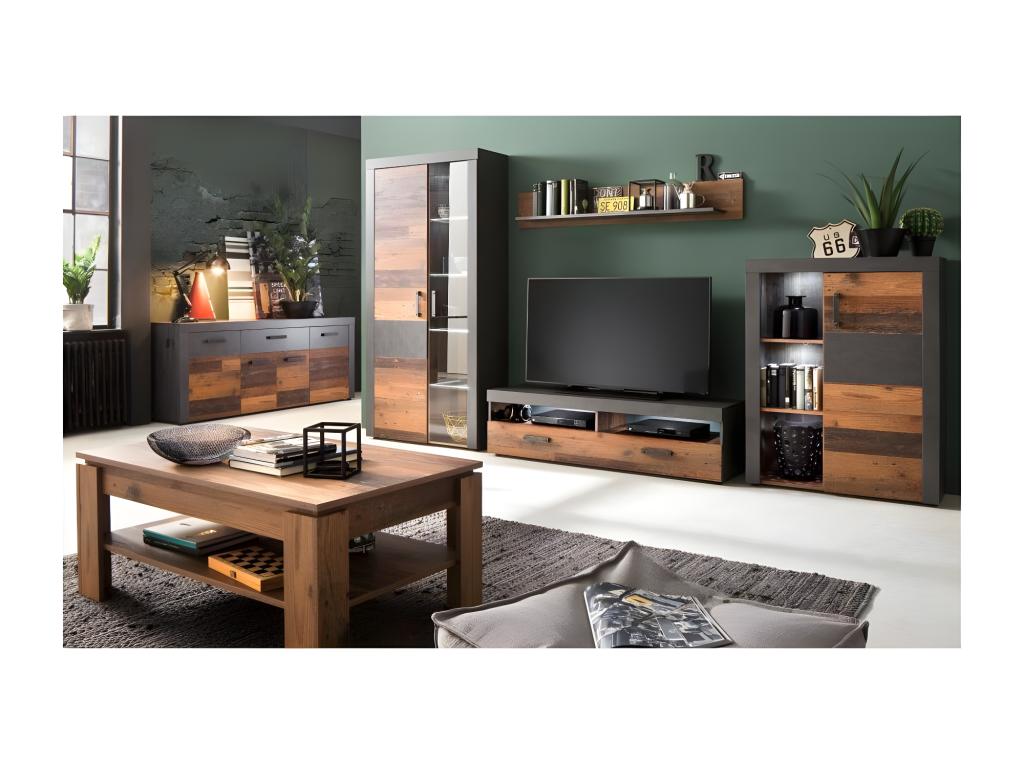 Decohaute - Bedroom furniture - Chest of drawers with 3 drawers in cement grey melamine with aged wood-effect doors - W - H - D 117 - 86 - 37 cm. OUWQ62848