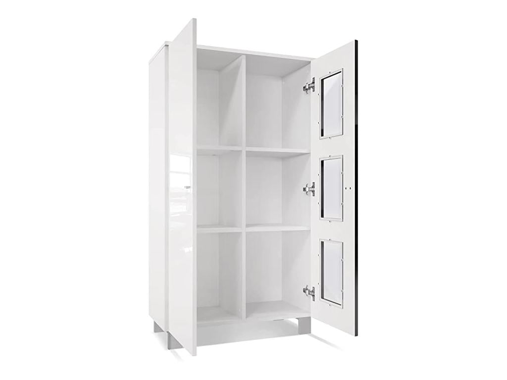 Freestanding display cabinet with 2 doors and 3 panes of glass, matte white/high gloss white/concrete effect, Decohaute LED lighting included, 71x129x35 cm QJBW64079