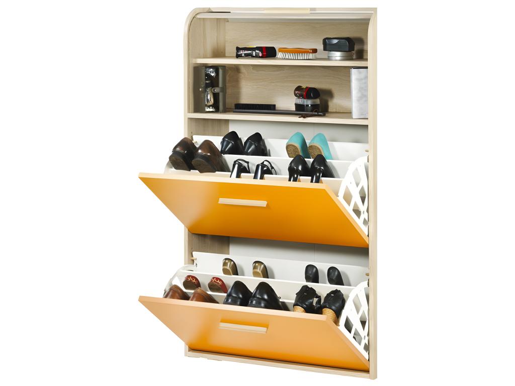 Oak Shoe Cabinet with Orange Drop-Down Doors - Grey Waves Curtain Color 810 KNMV07335