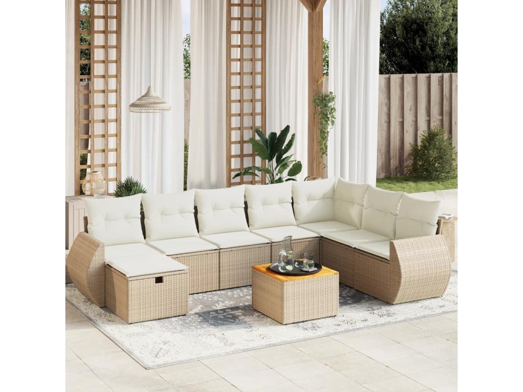 9-piece garden furniture set with cushions, beige woven resin QXOS84446