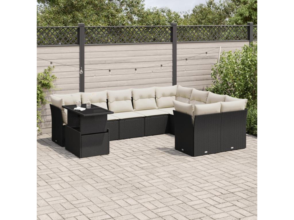 10-piece garden furniture set with cushions, black resin wicker SNQO37357