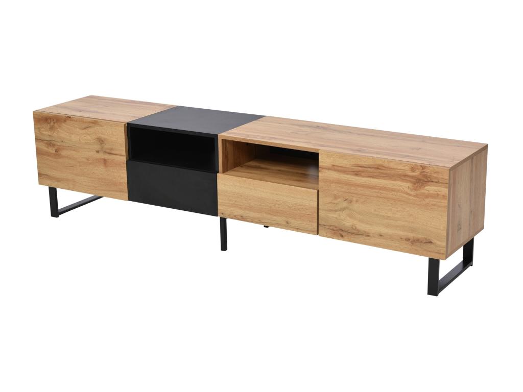 TV stand with 2 doors, 2 drawers / 2 shelves - wood look - MDF and gold-tone metal - oak and black finish KOJB84834