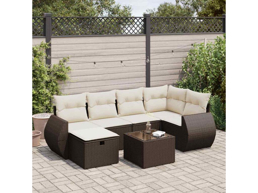 7-piece garden furniture set with cushions, brown woven resin BUVT65986