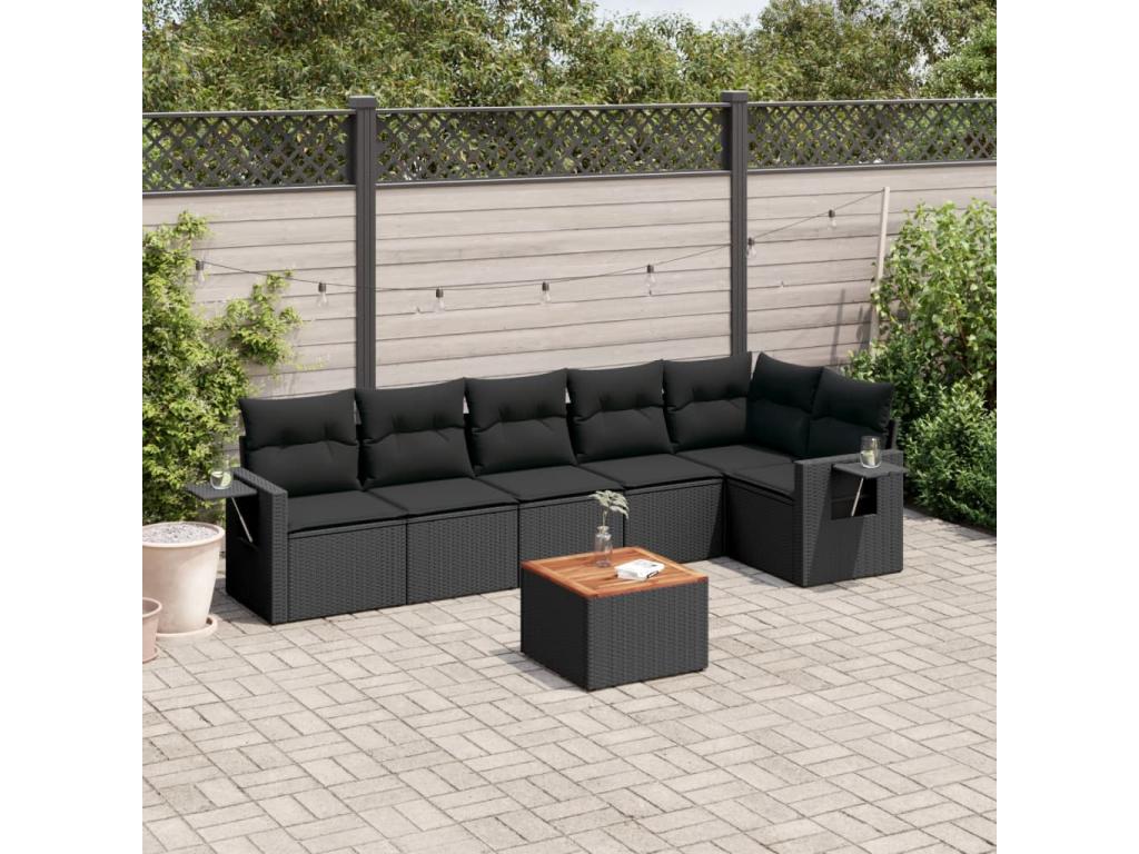7-piece garden furniture set with cushions, black resin wicker CWGX48076