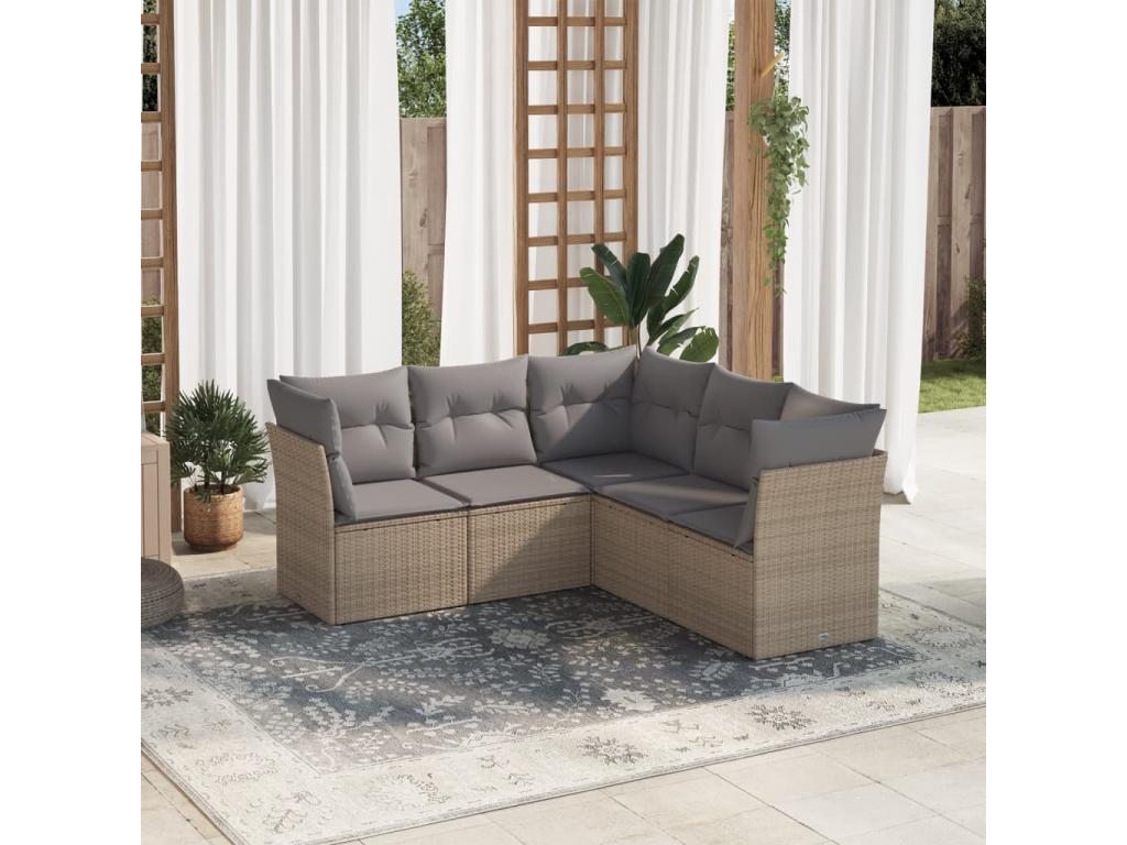5-piece garden furniture set with cushions, beige woven resin BRLR28129