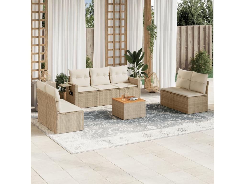 8-piece garden furniture set with cushions, beige wicker resin UXQI63675