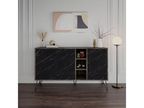 Chezlova 142cm Low Sideboard with 3 Doors and 3 Shelves, Dark Wood and Black Marble Effect and Black Metal NVEQ01539