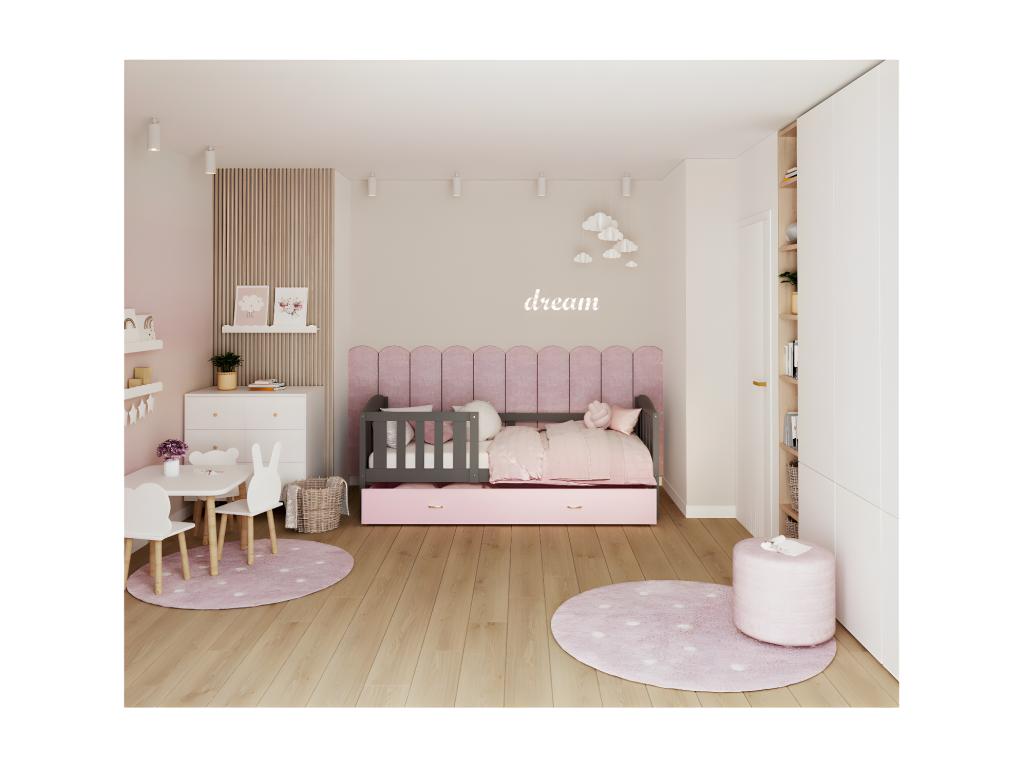 Decohaute Trundle Bed 90x190 Grey - Pink. Comes with slatted bed base, drawer, and 7cm foam mattress. NIJZ66412