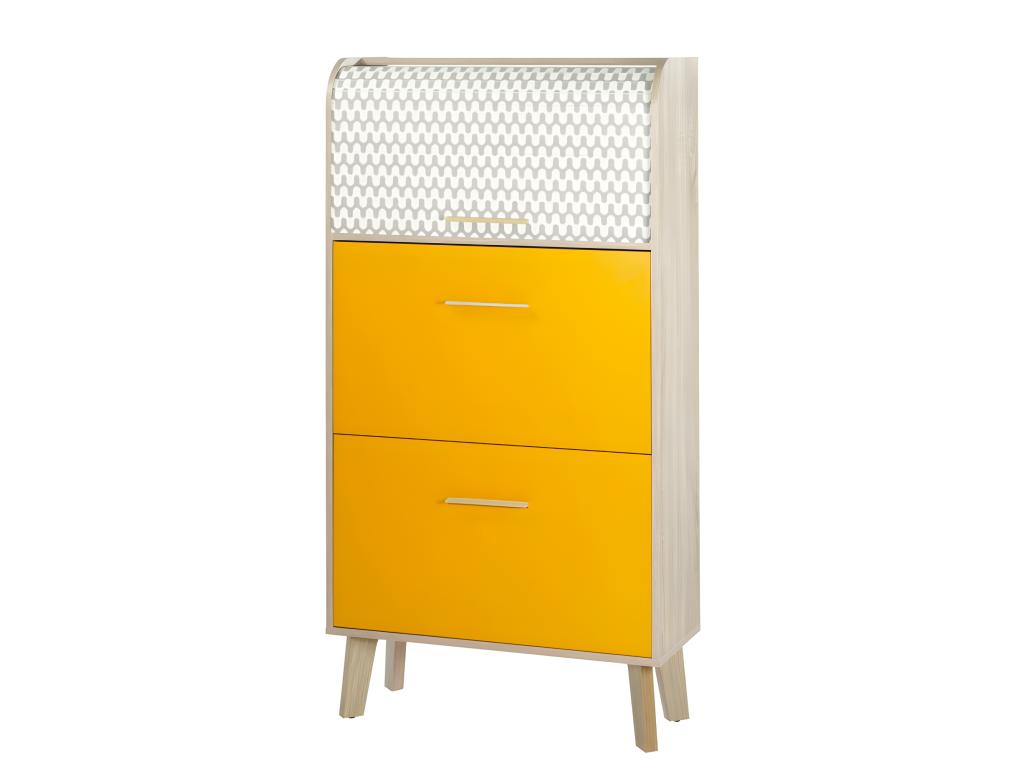 Oak Shoe Cabinet with Orange Drop-Down Doors - Grey Waves Curtain Color 810 KNMV07335