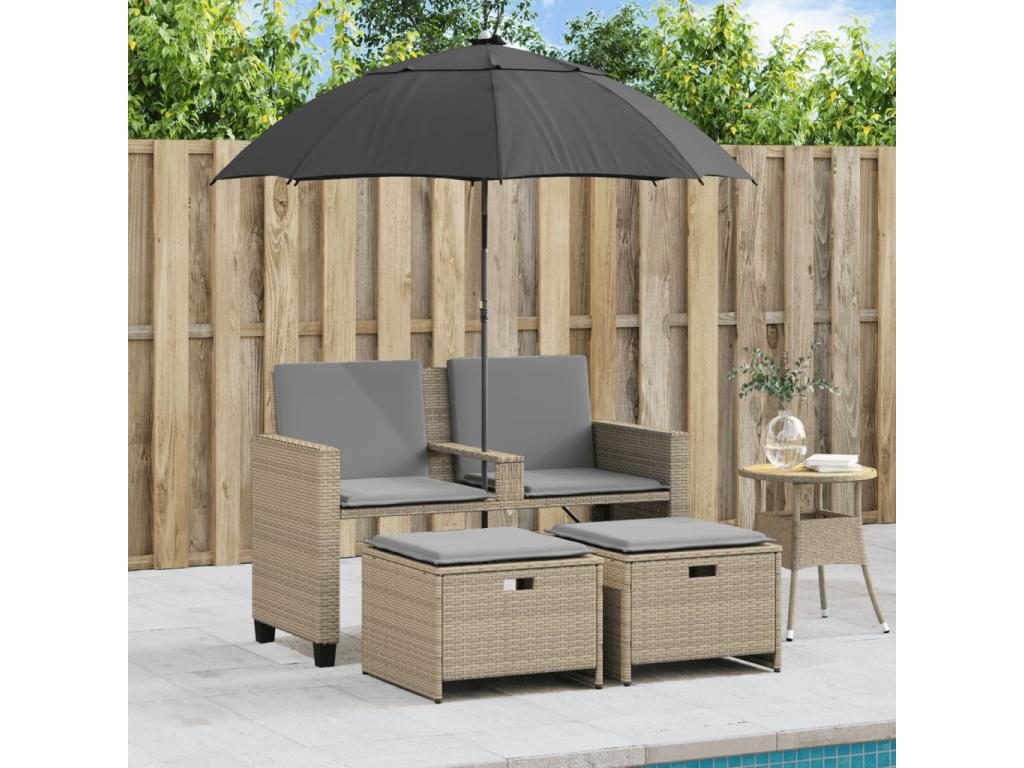 2-seater garden sofa with parasol and beige rattan stools RHBL87335