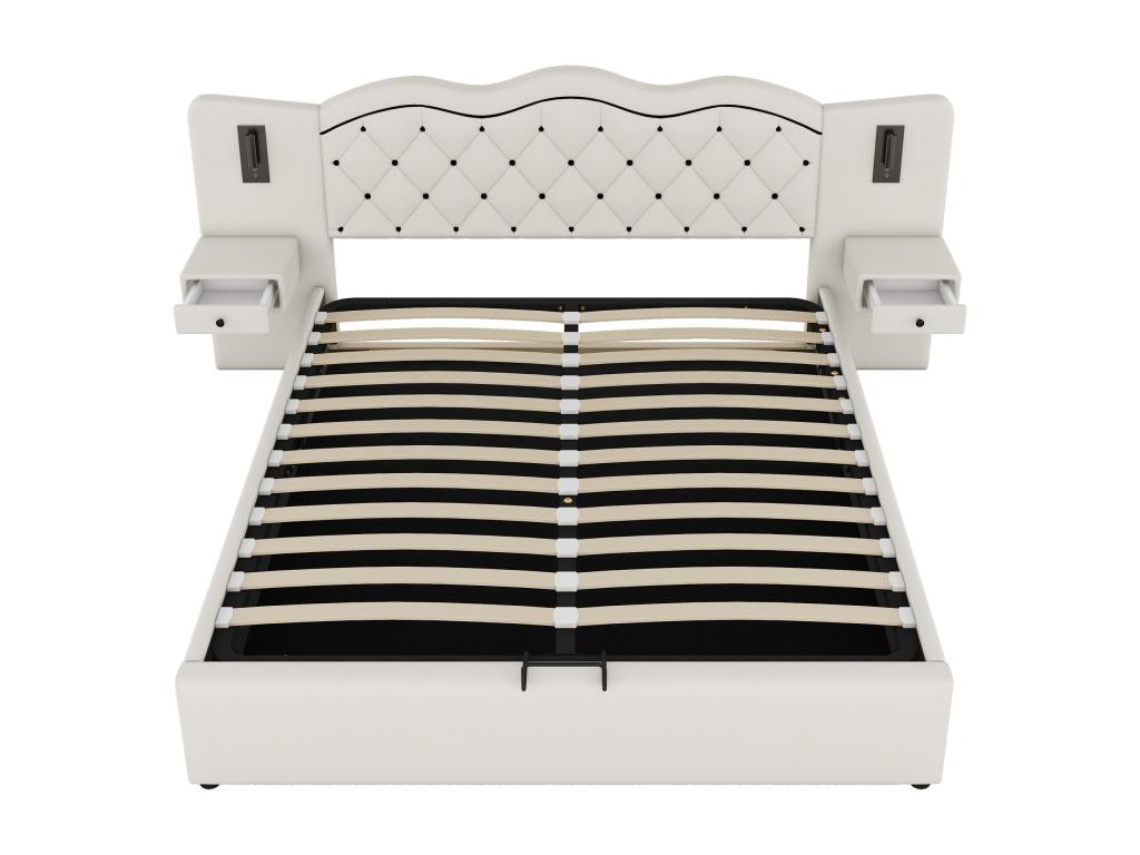 180x200 cm linen storage bed - 2 bedside tables with storage, USB port and lamps - Beige TSSA42593