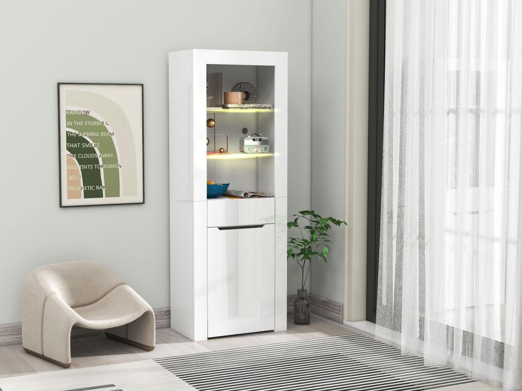 Display cabinet with 1 door and 1 drawer - LEDs - 3 shelves - 60x35.5x165 cm - Particleboard - Glossy white HYJP63275