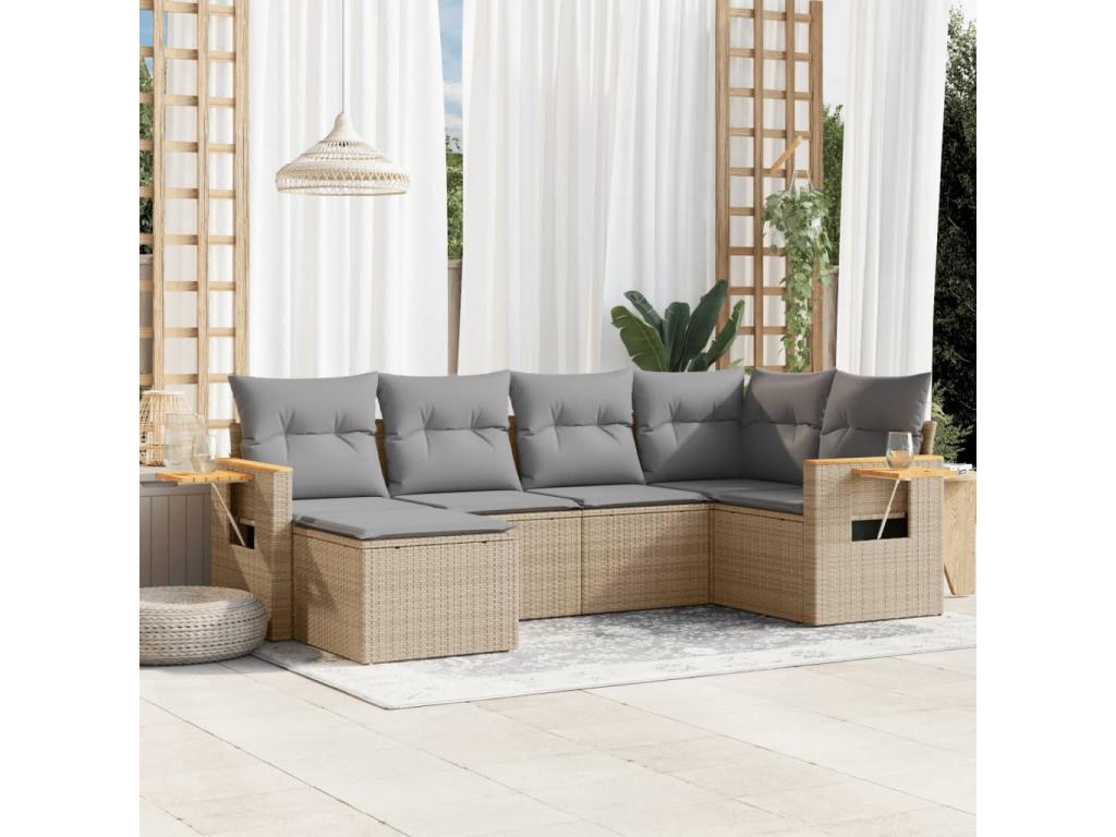 Garden furniture set with cushions, 6 pieces, beige woven resin, WLSY39472