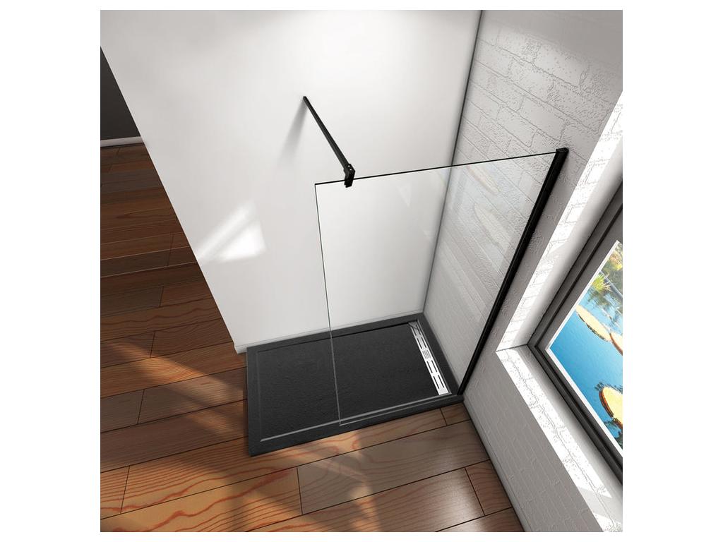 Walk-in shower enclosure 90x200cm in 8mm tempered glass with anti-limescale coating and 140cm square support bar - Matte Black SAZE87541