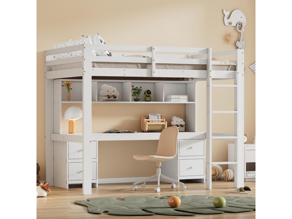 90x200 cm loft bed with desk, bookcase, drawers and ladder, white MDF wood FOPM91499