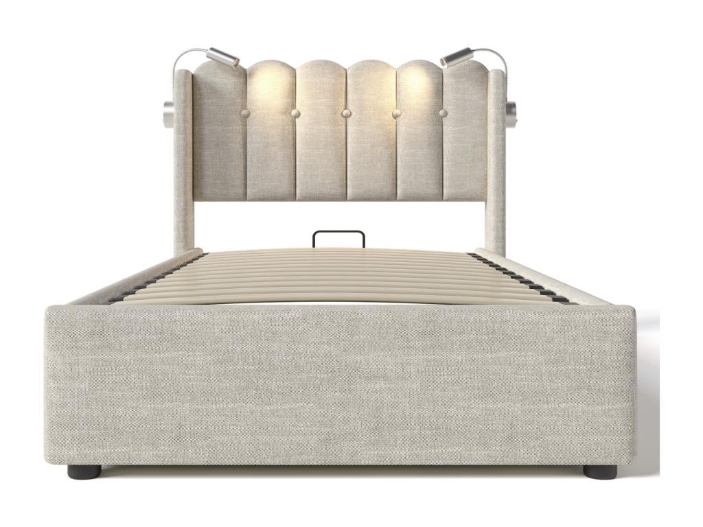 Upholstered single bed 90x200 with reading lamp and rechargeable function, storage, Decohaute Linen without mattress XTYR88970
