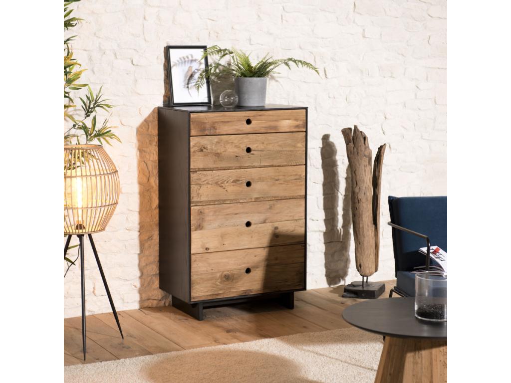 Chezlova - 5-drawer chest of drawers in natural and black recycled pine wood CZJS49406