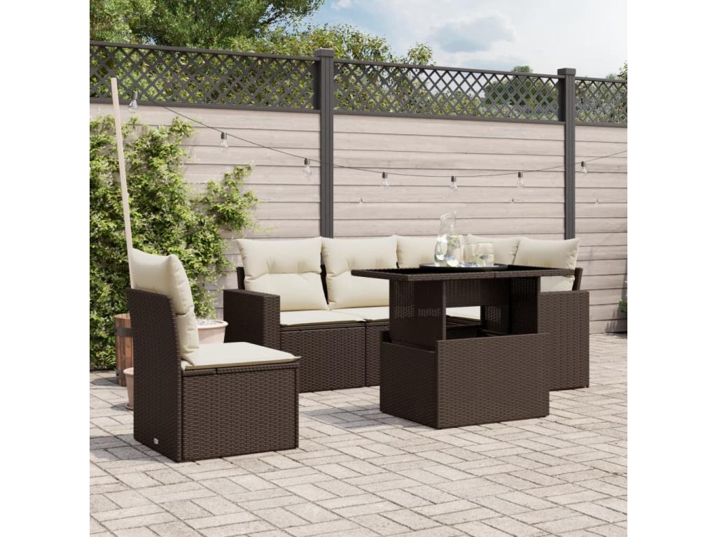 6-piece garden furniture set with cushions, brown woven resin QZKN42088