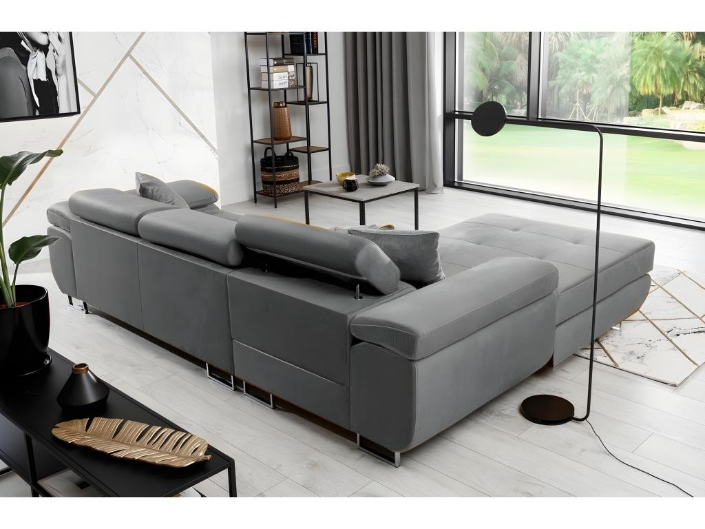 Chezlova 5-seater luxury velvet corner sofa bed in grey with storage, left-hand corner (front view) ATNM30495