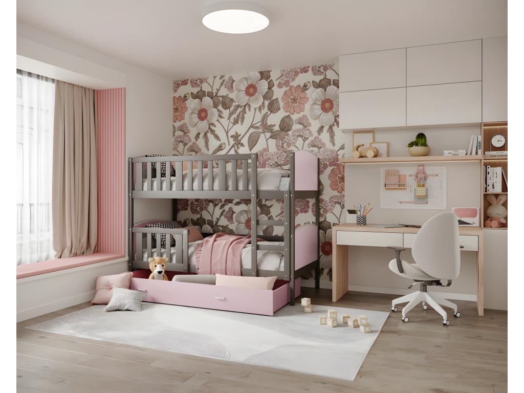 Decohaute Bunk Bed 90x190cm Without Mattress Grey - Pink. Comes with bed base and drawer. DRCK69546