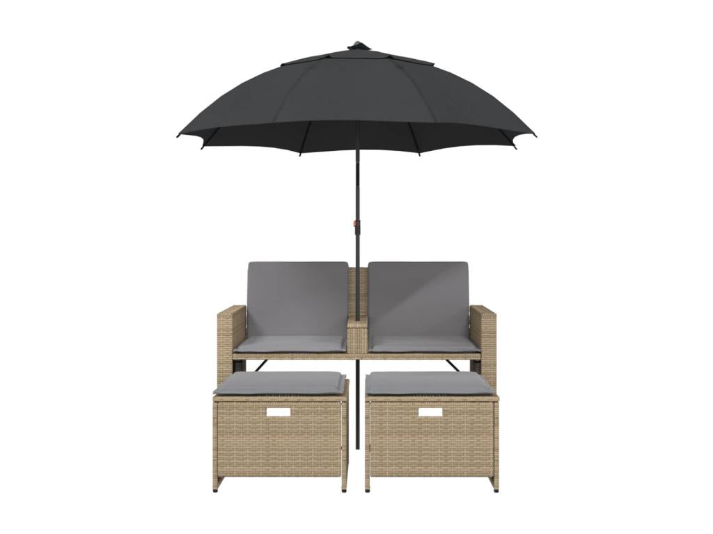 2-seater garden sofa with parasol and beige rattan stools RHBL87335