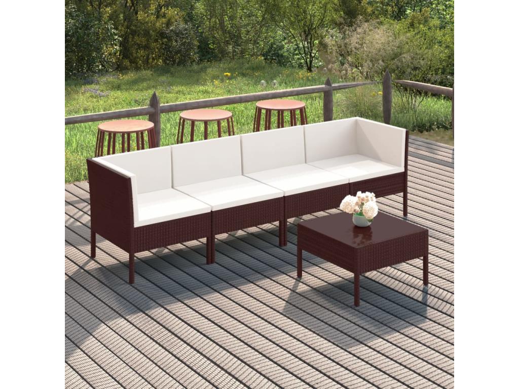 5-piece garden furniture set with cushions, brown woven resin, SWZZ19638