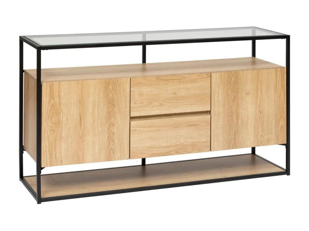 Sideboard storage unit with 2 doors and 2 drawers in natural wood and black metal NMST56486