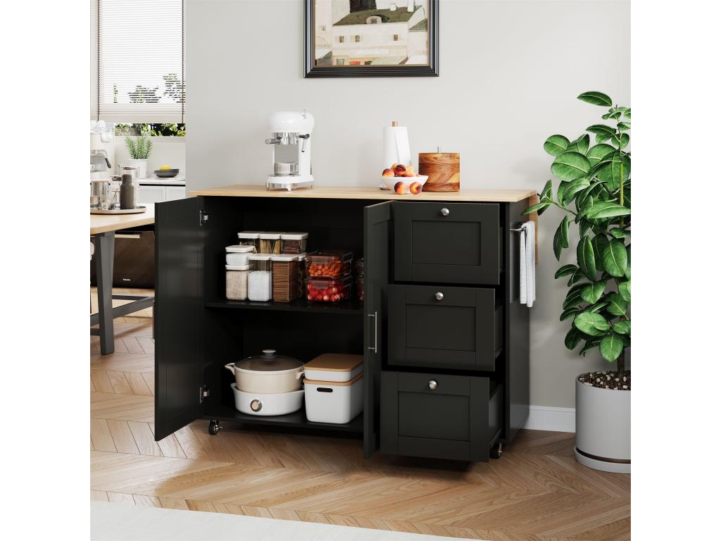 Folding mobile kitchen buffet table with 3 drawers and towel rack, 135x44 x 70x90 cm, Black, WOXI02020