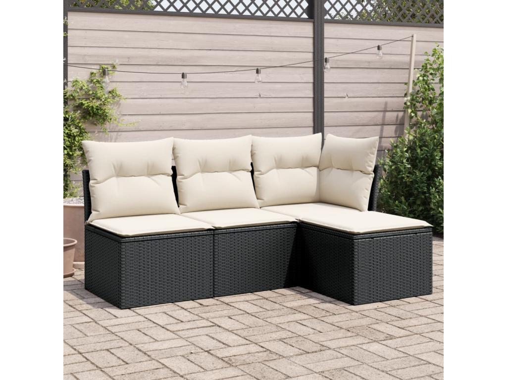4-piece garden furniture set with cushions, black woven resin FSJQ13849