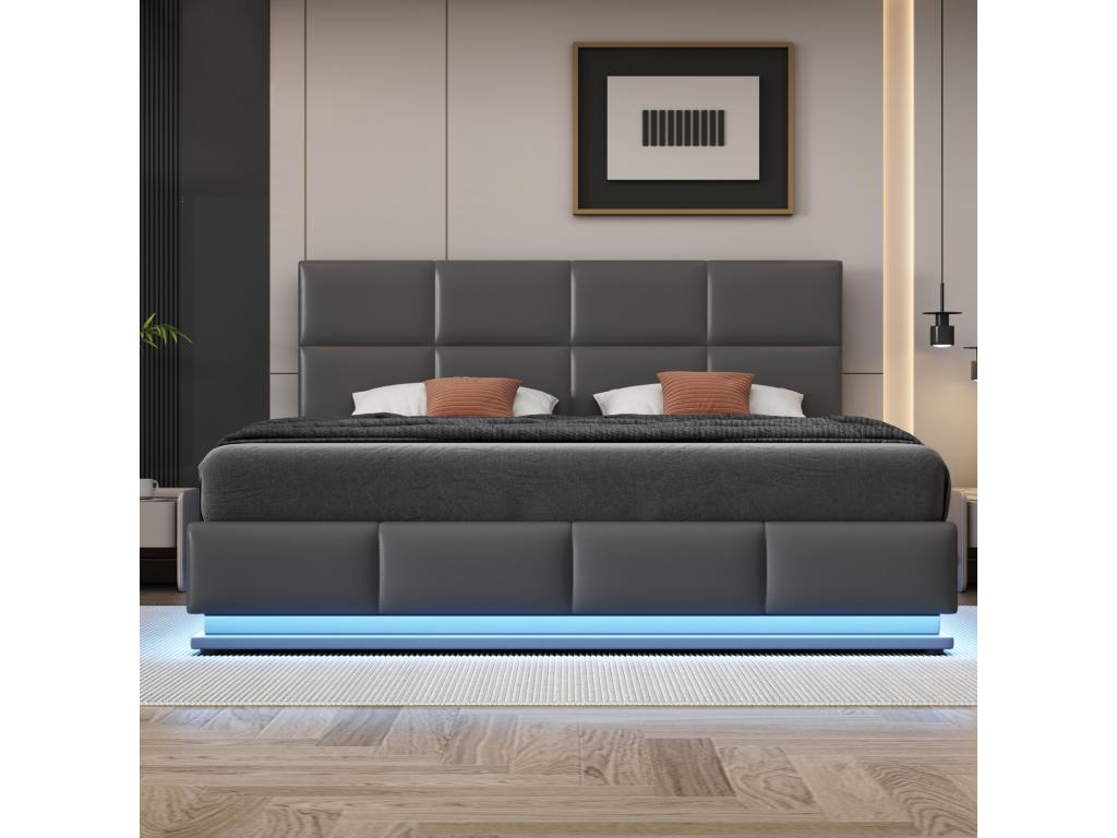 180x200 cm Storage Bed - Double Bed with LED Lighting, Upholstered, Hydraulic Lift-Up Bed with High-Quality Slatted Base and PU Leather Headboard - Grey JWOU71529