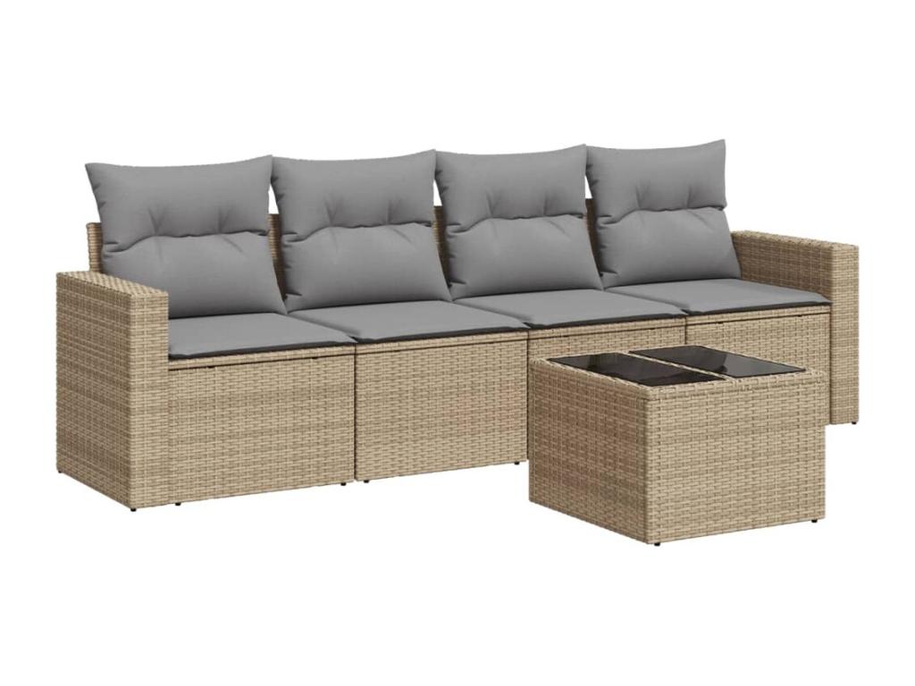 5-piece garden furniture set with cushions, beige woven resin BKBD24522