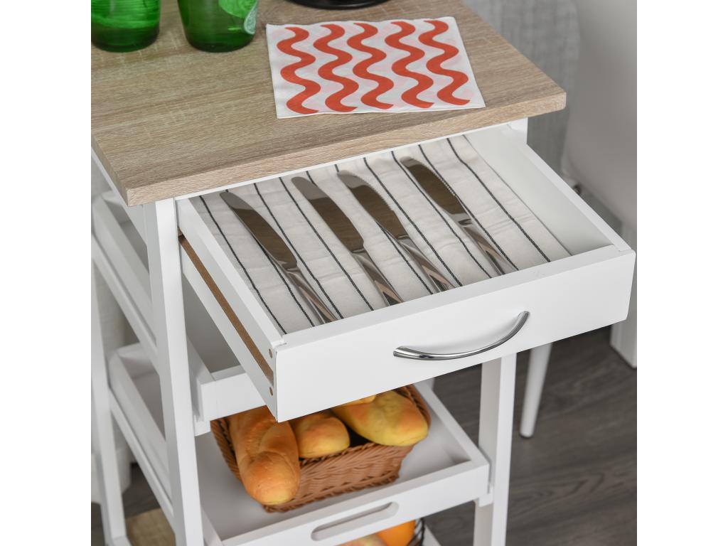 Decohaute kitchen service trolley with 2 removable trays, drawer, shelf, light oak MDF, white pine wood, IMNT39658