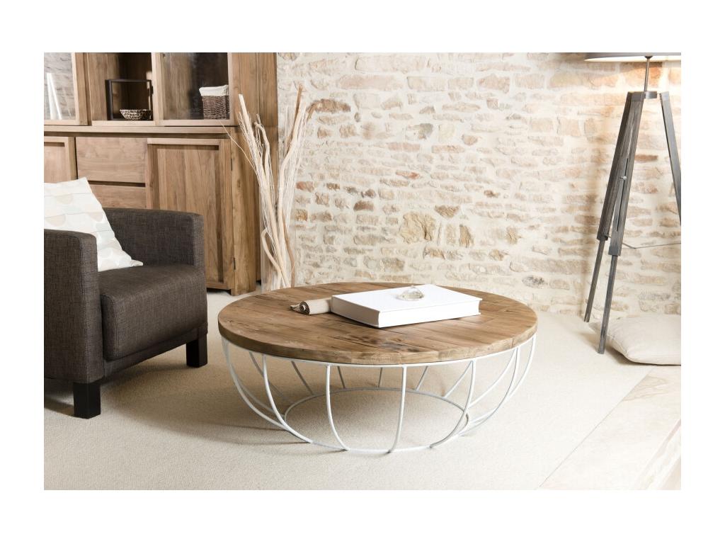 Decohaute - Round shell coffee table 100x100cm recycled teak top white metal base YQFZ80146