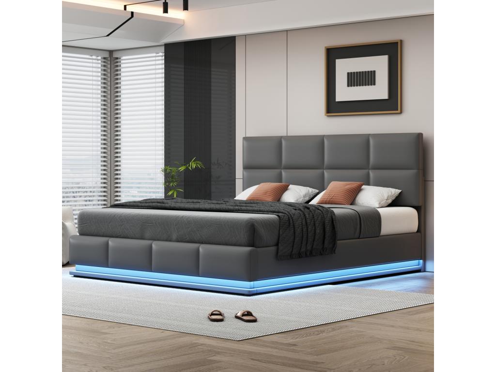 180x200 cm Storage Bed - Double Bed with LED Lighting, Upholstered, Hydraulic Lift-Up Bed with High-Quality Slatted Base and PU Leather Headboard - Grey JWOU71529