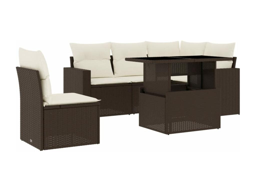 6-piece garden furniture set with cushions, brown woven resin QZKN42088