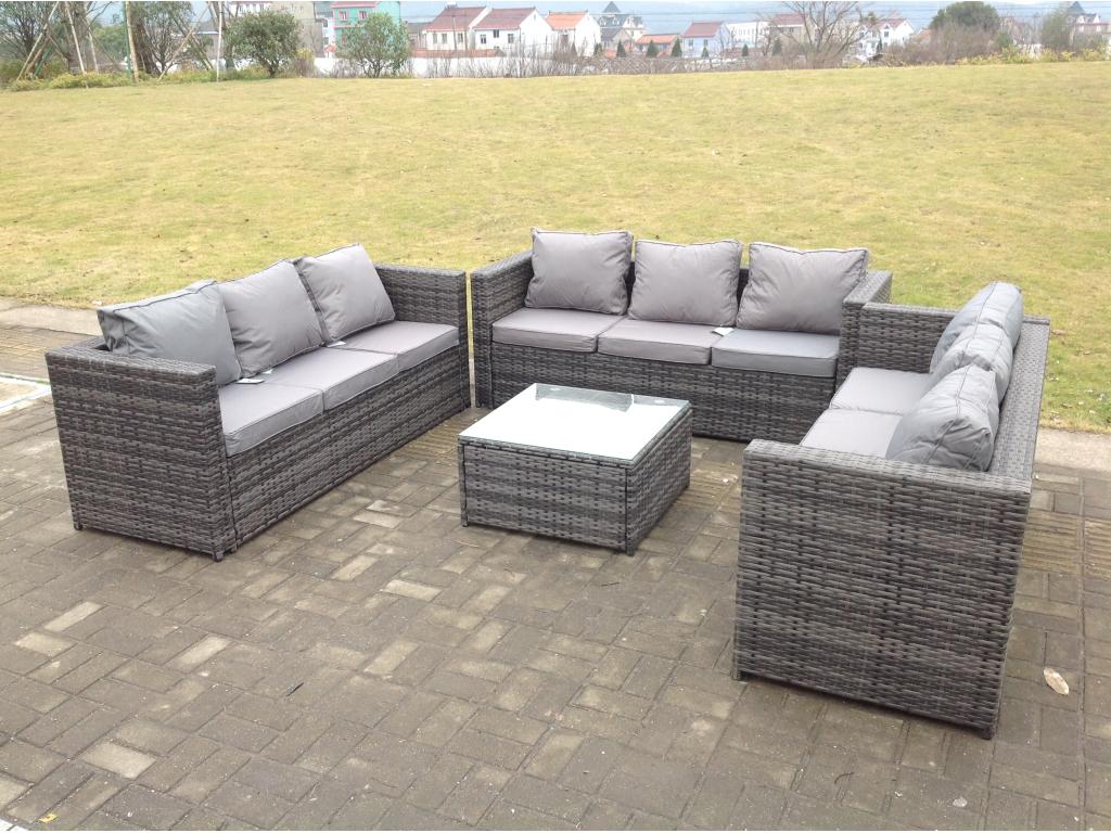 Rattan garden furniture with 3-seater sofa and square coffee table, MéDecohaute dark grey HKKG11739