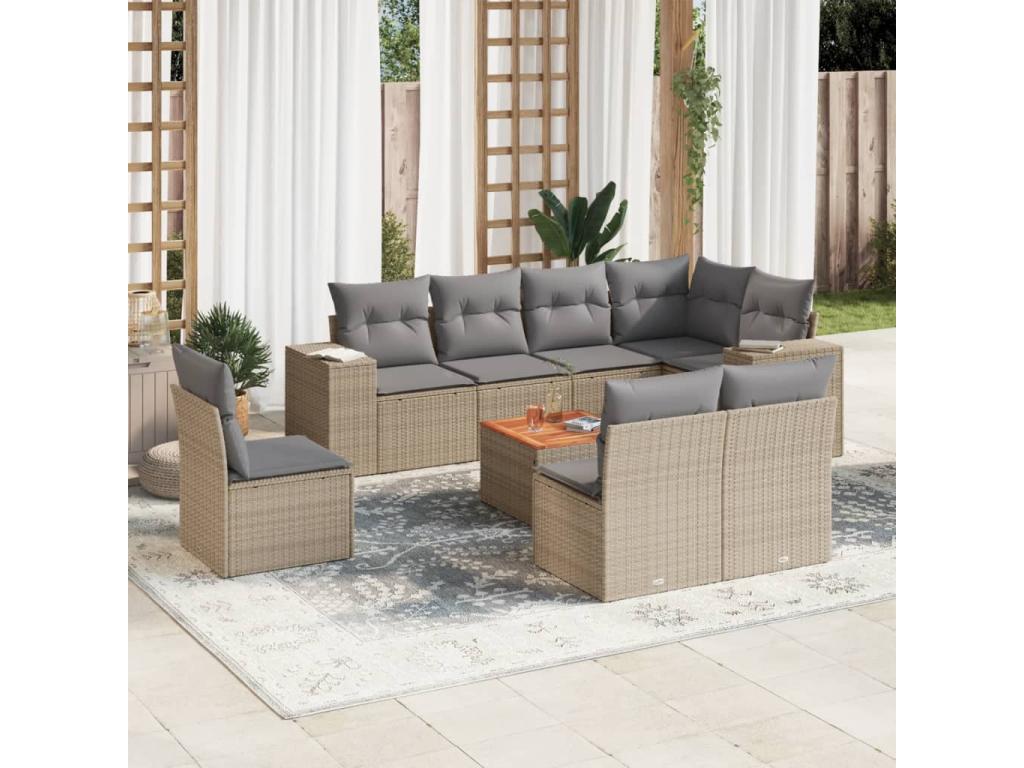 9-piece garden furniture set with cushions, beige woven resin ZGPA93552