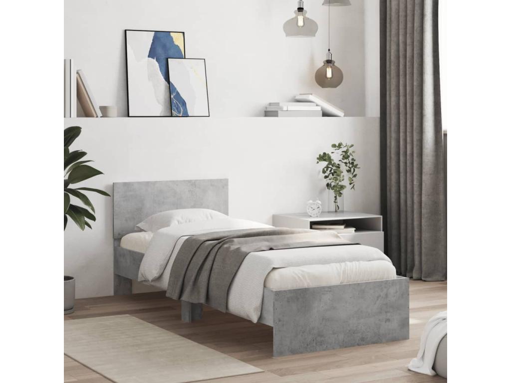 Bed frame, headboard and LED high-top lighting, concrete grey, 90x200 cm, ULOV28780