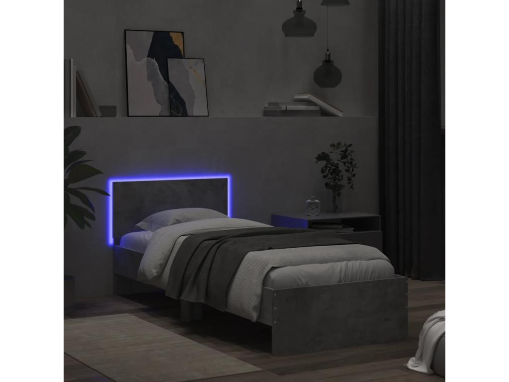 Bed frame, headboard and LED high-top lighting, concrete grey, 90x200 cm, ULOV28780