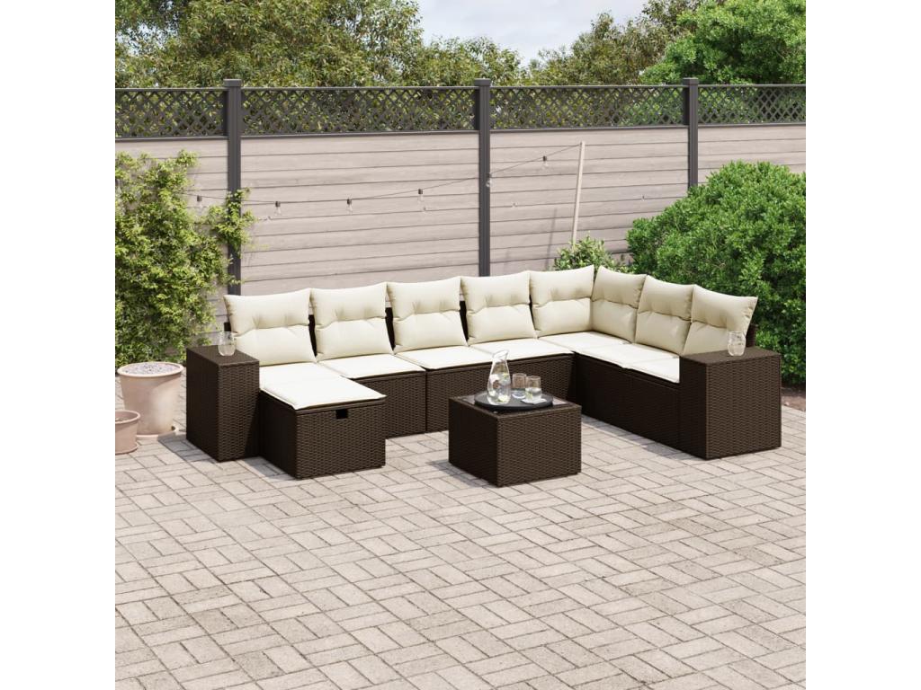 9-piece garden furniture set with cushions, brown woven resin NDIV95399