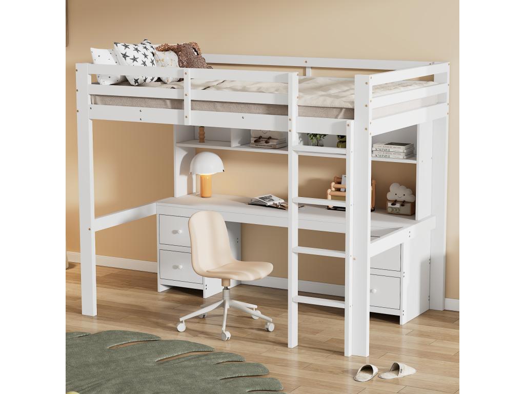 90x200 cm loft bed with desk, bookcase, drawers and ladder, white MDF wood FOPM91499
