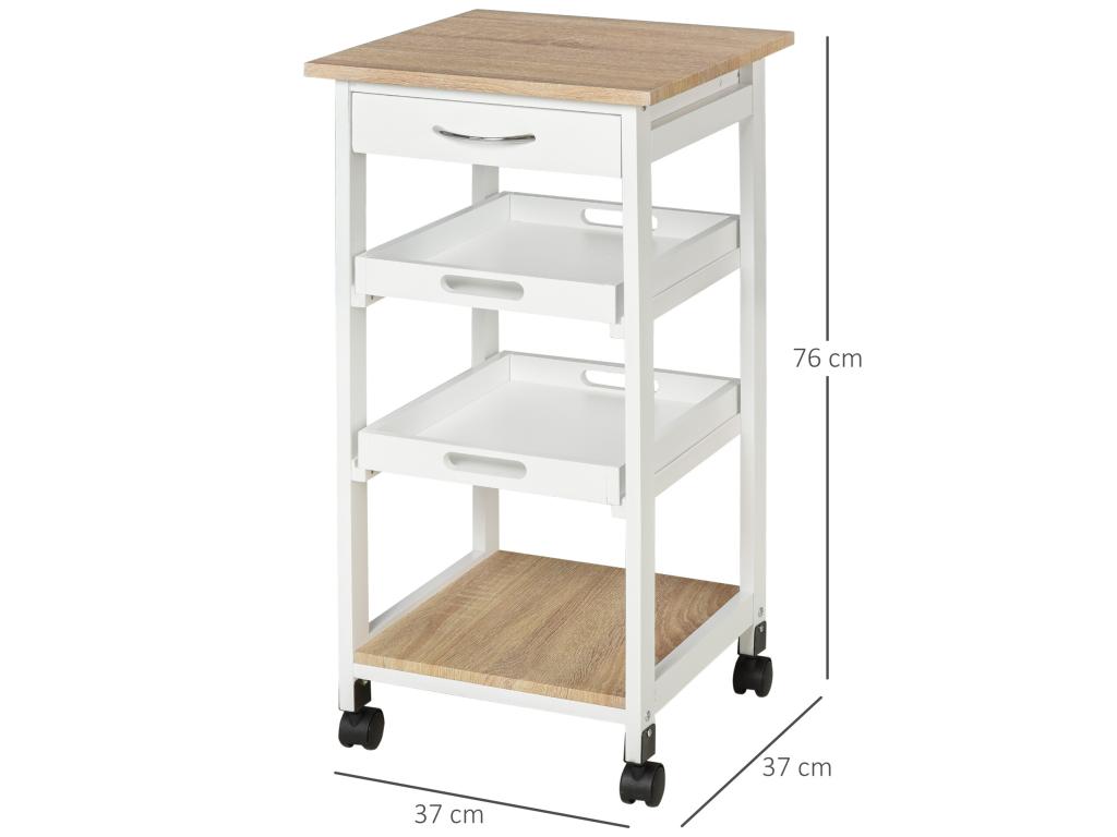 Decohaute kitchen service trolley with 2 removable trays, drawer, shelf, light oak MDF, white pine wood, IMNT39658