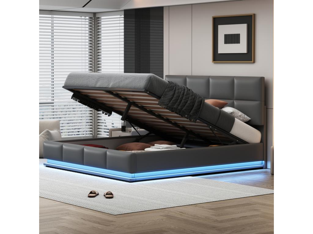 180x200 cm Storage Bed - Double Bed with LED Lighting, Upholstered, Hydraulic Lift-Up Bed with High-Quality Slatted Base and PU Leather Headboard - Grey JWOU71529