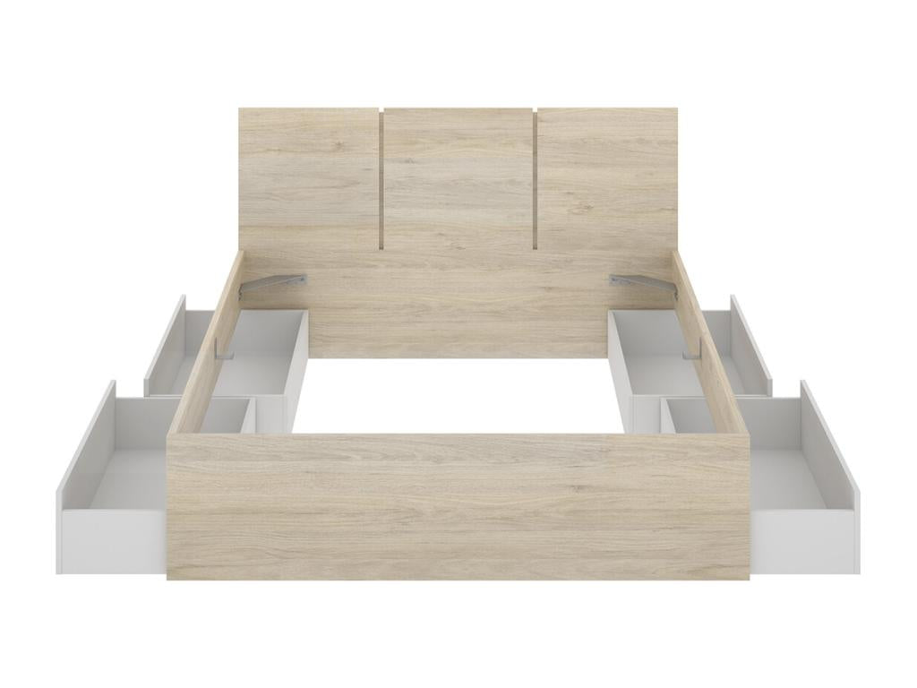 Headboard with bed frame 140x190cm, 4 drawers, white and natural oak finish - length 146 x depth 195 x height 96 cm BCMC47016