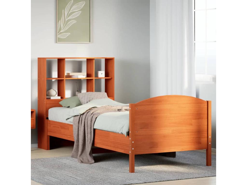 Bookshelf bed without mattress, brown wax finish, 75x190 cm, solid pine, RVAT59723