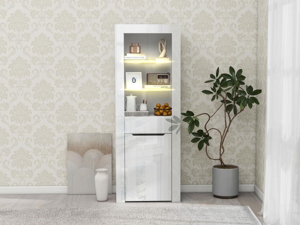 Display cabinet with 1 door and 1 drawer - LEDs - 3 shelves - 60x35.5x165 cm - Particleboard - Glossy white HYJP63275