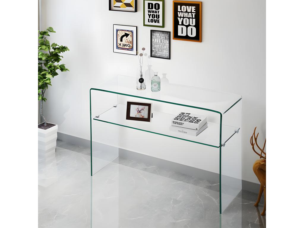 Rectangular console table, 125 cm long, with tempered glass and glass shelf - ICE XVHB22834