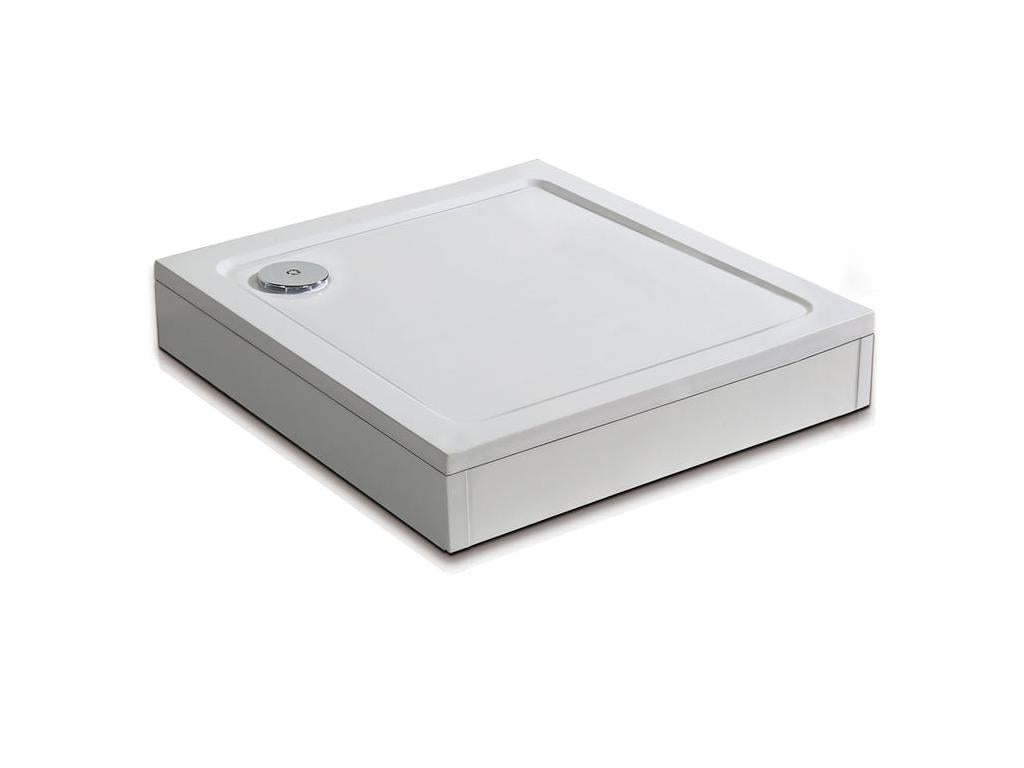 White 100x100cm square shower tray, extra-flat shower base with 10-foot plinth, drain and 90cm siphon, WOWW07175