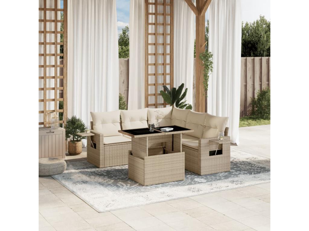 Garden furniture set with cushions, 6 pieces, beige woven resin BHPJ91663