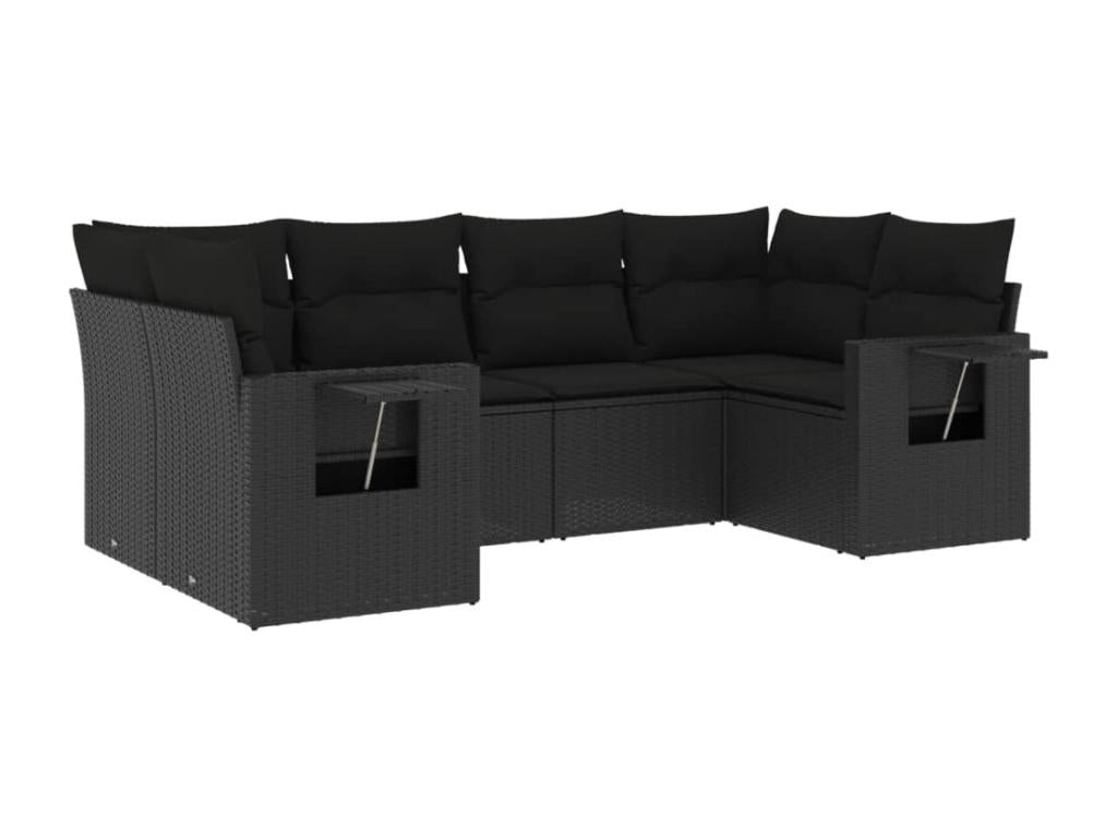 6-piece garden furniture set with cushions, black woven resin QCRV89268